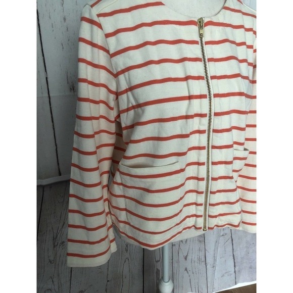 LANDS END Women's Size 14 Sweater Ivory and Orange 100% Cotton Zip Up Cardigan - Picture 2 of 6